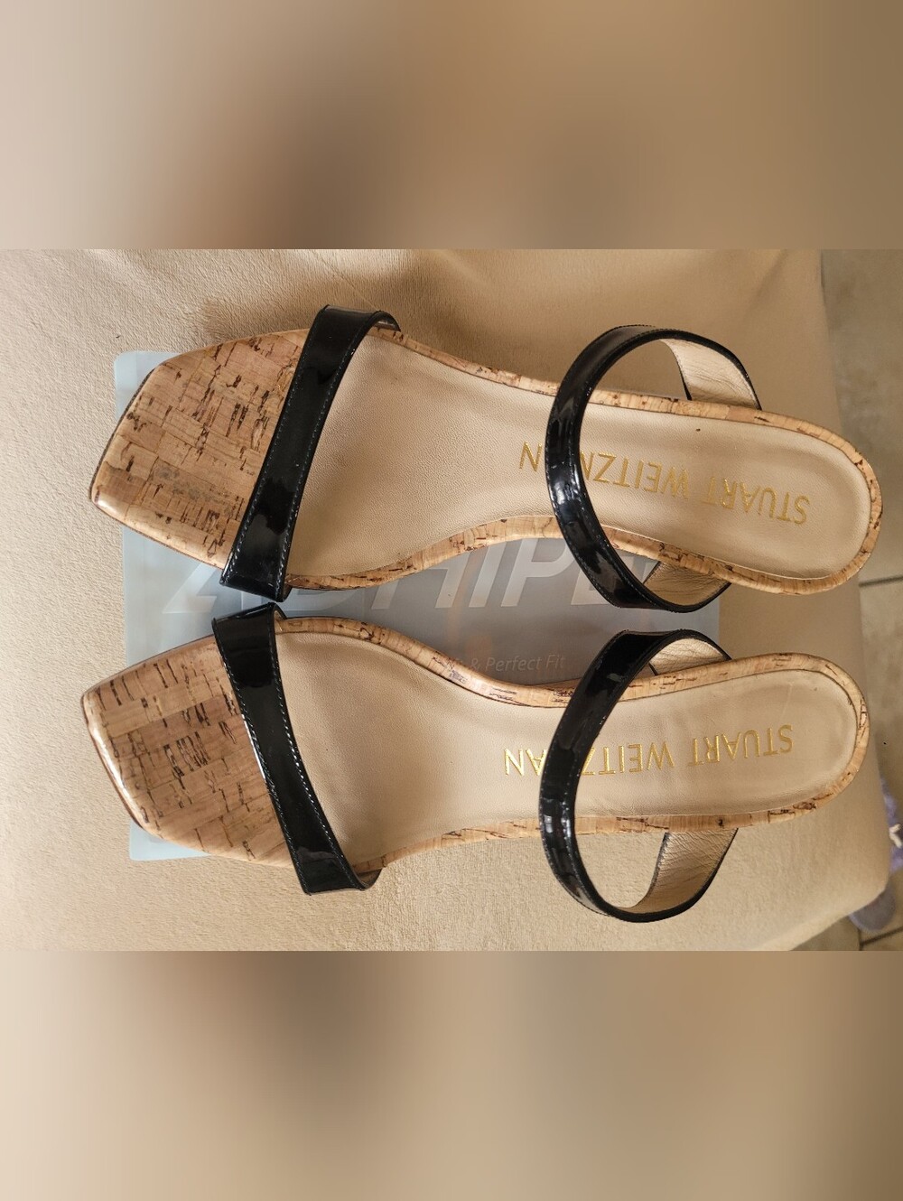 Stuart Weitzman Black Patent Leather Cork Wedge Sandals